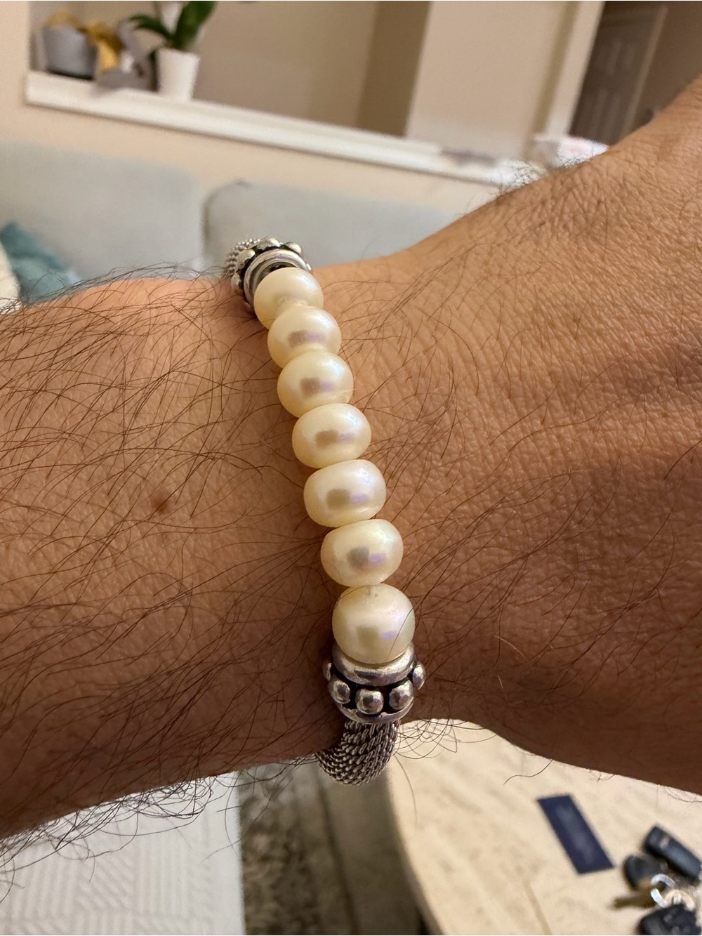 925 Sterling Silver Mesh Popcorn Chain Bracelet Freshwater Pearls 7.5" 18.9g